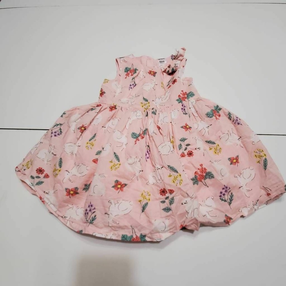 Carter's Girls A-Line Dress Pink Floral Sleeveless Buttons Scoop Neck Bow 12M